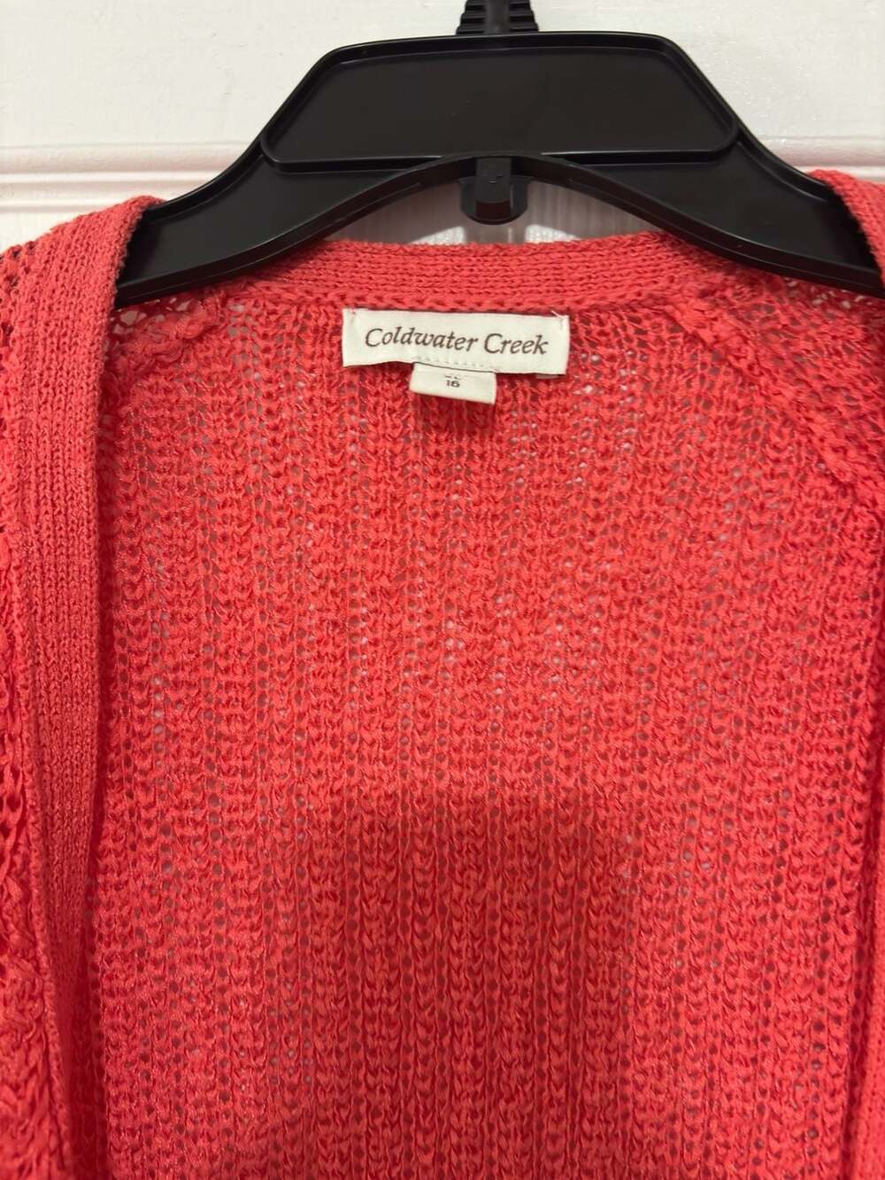 Coldwater Creek Open-Front Crochet Knit Cardigan in Coral - Picture 5 of 5